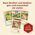 Text: "Baut Straßen und Siedlungen und entwickelt sie weiter", "In 20 Minuten gespielt". Spielkarten von Siedlungen, Straßen, Stadt, Metropole.