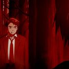 Zwei Anime-Charaktere in einem düsteren Wald. Ein Junge im Anzug wirkt besorgt und schwitzend, die Szene ist rot getönt.