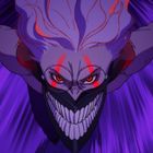 Illustration eines furchterregenden Gesichts mit roten Augen und grinsenden Zähnen, umgeben von violetten Linien.