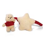 Ein Plüschbär in rotem Pullover hält einen flauschigen Stern mit rotem Band.