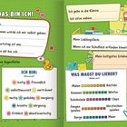 Interaktive Buchseite für Kinder mit Fragen zu persönlichen Vorlieben, Schule und Selbstbeschreibung. Bunt und verspielt gestaltet.