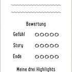 Ein Formular mit Bewertungskategorien für Bücher, mit Linien zum Ausfüllen und zwei Koi-Fisch-Illustrationen.