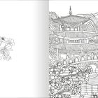 Links sind Kirschblüten, rechts eine detaillierte Illustration eines Pagodentempels mit Brücke und Bergen im Hintergrund.