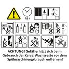 ACHTUNG! Gefäß erhitzt sich beim Gebrauch der Kerze. Wachsrückstände vor dem Spülmaschinengebrauch entfernen! Icons zeigen Gebrauchsregeln für Kerzen. Warndreieck, Uhr, Abstand 10 cm, nicht in der Nähe von Katzen und Kindern.