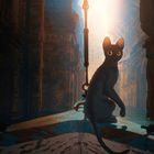 Eine schwarze Katze sitzt auf einem Boot in einem mystischen, sonnendurchfluteten Kanal voller alter Architektur.