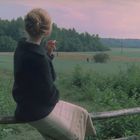 Es gibt keine Texte zu erwähnen. Eine Frau sitzt auf einem Zaun und blickt über eine weite Wiese in Richtung Wald.