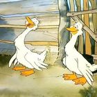 Zwei lachende, stehende weiße Enten mit orangefarbenen Schnäbeln und Füßen, vor Holzwänden in einer Illustration.