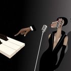 In der Illustration zeigt ein Finger auf Klaviertasten. Eine stilisierte Person steht an einem Mikrofon mit Schatten im Hintergrund.