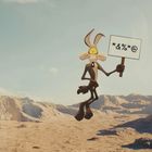Eine Illustration zeigt eine Figur in der Luft, die ein Schild mit den Zeichen *&%*@ hält, in einer kargen Wüstenlandschaft.