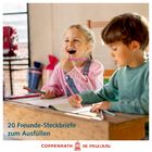 „20 Freunde-Steckbriefe zum Ausfüllen.“ Zwei Kinder malen lachend an einem Tisch. Links ein Mädchen, rechts ein Junge.