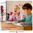 „20 Freunde-Steckbriefe zum Ausfüllen“; zwei Kinder lachen und zeichnen an einem Tisch.