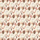 Braune Kiefernzapfen, rote Schleifen und feine goldene Sterne bedecken dicht einen cremefarbenen Hintergrund.