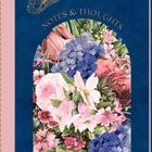 "NOTES & THOUGHTS" steht in goldener Schrift oben. Ein Schmetterling-Logo und ein bunter Blumencollage sind auf dunklem Grund.