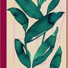 Das Wort "NOTES" steht in goldener Schrift unten. Grüne Blätter auf hellem Hintergrund mit rosa geometrischen Formen.