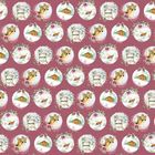 Illustration mit kreisförmigen Motiven auf rosa Hintergrund: Füchse, Hirsche, verschneite Hütten, Blumen.