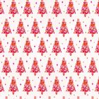 Wiederholtes Muster aus stilisierten roten Tannenbäumen mit rosa und orangefarbenen Akzenten.