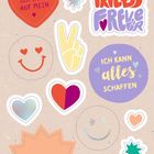 „Ich höre auf mein Herz.“ „Friends forever.“ „Ich kann alles schaffen.“ Verschiedene bunte Sticker mit Herzen und Symbolen.