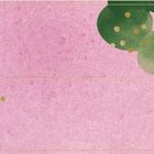 Rosa Hintergrund mit grünen und goldenen Akzenten, oben rechts grüne Form mit goldenen Punkten. Minimalistisches Layout.