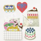 Text: "FROM Harper Lane." Illustration verschiedener bunter Kuchenstücke und Karten mit Umschlägen.