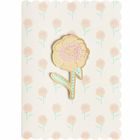 Karte mit Blumenmuster und welligem Rand, große zentrale Blume in Rosa und Gelb, Blätter in Türkis.