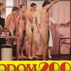 "SODOM 2000" in großen, auffälligen Buchstaben. Eine Gruppe von Männern steht nackt in einer Reihe vor medizinischem Personal.