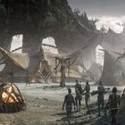 Bemannte futuristische Siedlung mit Zeltstrukturen, Feuerstellen und Felsbögen. Figuren tragen futuristische Outfits.