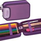 Text: "smaepp by BRUNNEN." Lila Federmäppchen mit Buntstiften, Bleistiften, Lineal und Anspitzer.