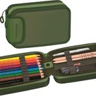 "Smaepp by Brunnen." Ein grünes Federmäppchen mit Buntstiften, Bleistiften, Lineal und Anspitzer.