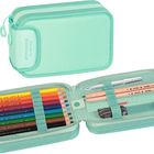 Text: "smaepp by BUMKINI" auf einem mintfarbenen Federmäppchen mit zwei Reißverschlüssen. Enthält bunte Stifte.