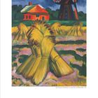 Illustration: "Max Pechstein, Kornhocken vor rotem Haus und Windmühle, 1921." Eine Landschaft mit Getreidebündeln und Bauwerken.