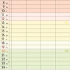 9.2027 Kalender, Wochenbeginn Mittwoch, farbige Zeilen; Woche 36 orange, 37 gelb, 38 grün, 39 blau; Notizen unten.