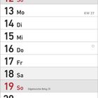 Kalender für September 2027, zeigt Wochentage und Feiertage: Eidgenössischer Bettag am 19., Weltkindertag am 20., Herbstanfang am 23.