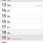 Kalender für September 2027 mit Hervorhebungen: 19. Eidgenössischer Bettag, 20. Weltkindertag, 23. Herbstanfang.