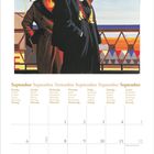 Kalenderseite für September: Montag bis Sonntag in verschiedenen Sprachen, Illustration von Personen in eleganter Kleidung.