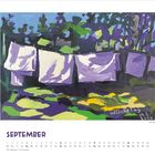 Text: "Waschtag 14.8.2024", "SEPTEMBER". Illustration: Bunte Landschaft mit Wäscheleine und Tüchern.