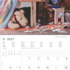 9·2027. Montag-Sonntag. Illustration von Bären: Einer fegt, einer schaut, einer versteckt sich unter dem Tisch.