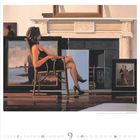 An den Kalendertagen unten ist der 12. fett und der Monat ist September. Eine Frau sitzt auf einem Stuhl in einer Galerie.