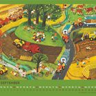 Kalender mit "SEPTEMBER" unten. Szene zeigt eine lebhafte Landschaft mit Bauern, Tieren, Traktoren und Zeltbauten.