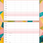 Kalender für September mit Wochentagen Montag bis Sonntag. Buntes Hintergrundmuster in verschiedenen Farben.