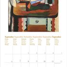 September in verschiedenen Sprachen, Wochentage und Kalendertage. Illustration: Stillleben mit Gitarre und Vase.