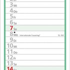 Text zu einem Monatskalender mit Daten und Feiertagen im März. Darüber eine Illustration von blauen Blumen in einem Hängekorb.