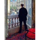 "Gustave Caillebotte: Young Man at His Window, 1876" zeigt Person an offenem Fenster mit Stadtansicht.