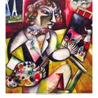 Künstler hält Pinsel und Palette. Bunter, expressionistischer Stil. Der Eiffelturm und ein Dorf sind im Hintergrund zu sehen.