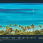 Kalendermonat Oktober mit Feiertagen in Deutschland. Palmen vor blauem Wasser, ein Segelboot im Hintergrund. 