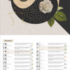 Text: „Ich finde meine Balance in mir selbst.“ Darunter ein Kalender für Oktober. Illustration mit Yin-Yang-Symbol.