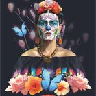 "Oktober" in einem roten Banner. Frau mit bemaltem Gesicht, Blumenkranz und blauer Schmetterling. Bunte Blumen im Vordergrund.