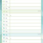 Kalenderseite für Juli. Spalten für Datum, Wochentage und Notizen. Sanfte Grüntöne als Hintergrund.