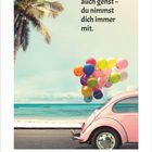 Text: "Wohin du auch gehst – du nimmst dich immer mit." Kalenderdaten: Juni/Juli 2027, KW 26.  
Illustration: Palmen, rosa Auto, Luftballons, Meer.