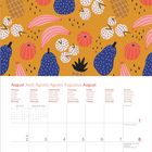 Kalenderblatt für August 2027 mit bunten Illustrationen von exotischen Früchten auf orangefarbenem Hintergrund.