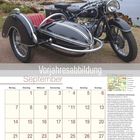 Text: „Vorjahresabbildung“, „September“, Kalenderdaten, „BERGISCHES NORDRHEIN-WESTFALEN“. Oldtimer-Motorrad mit Beiwagen vor Küstenlandschaft.
